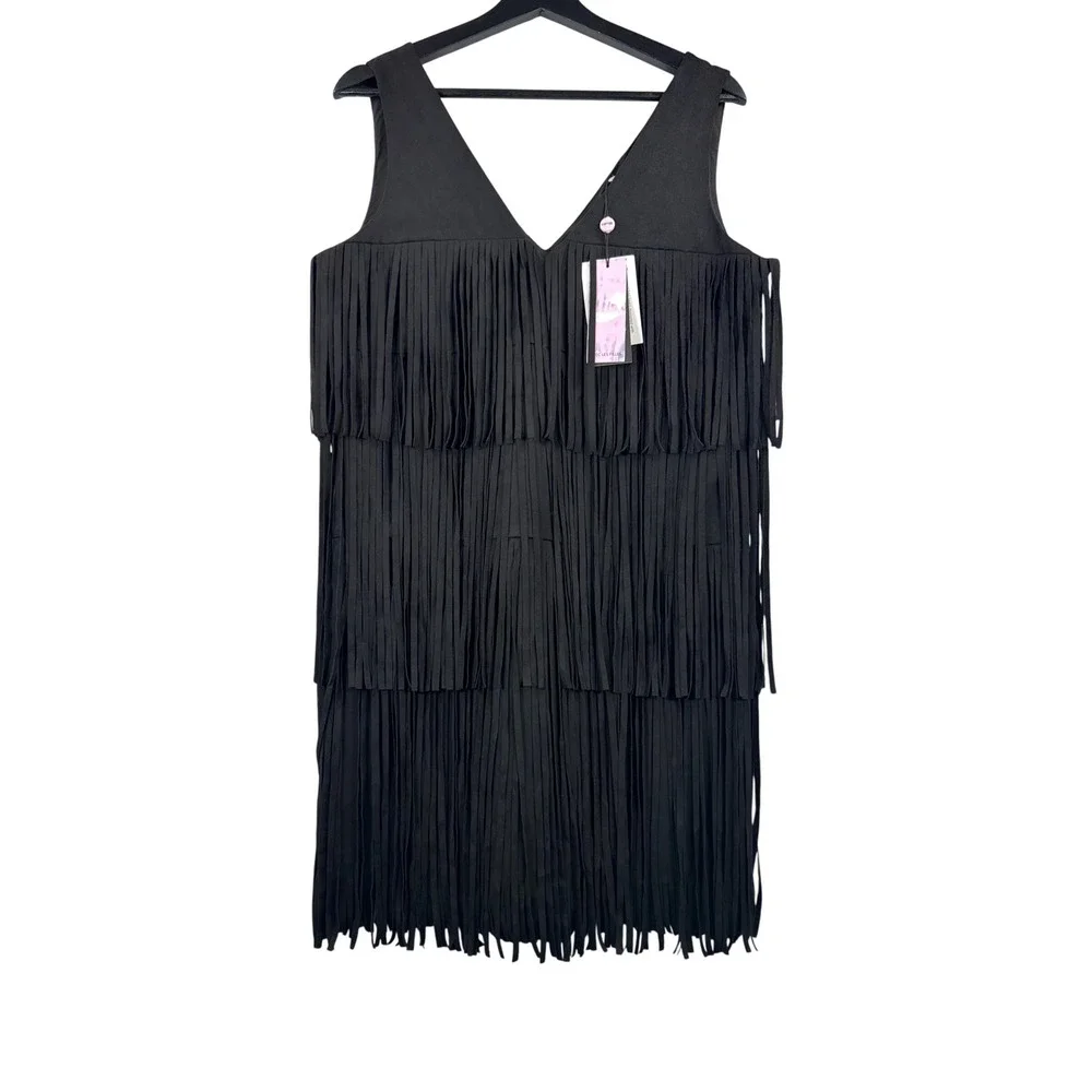 Avec Les Filles Fringe‎ Dress sz 8 Black Faux Suede Tiered western coachella